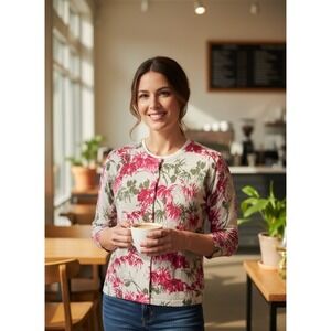 NEW!! GARNET HILL Merino Wool Cardigan Sweater Floral Gray Pink Preppy Small